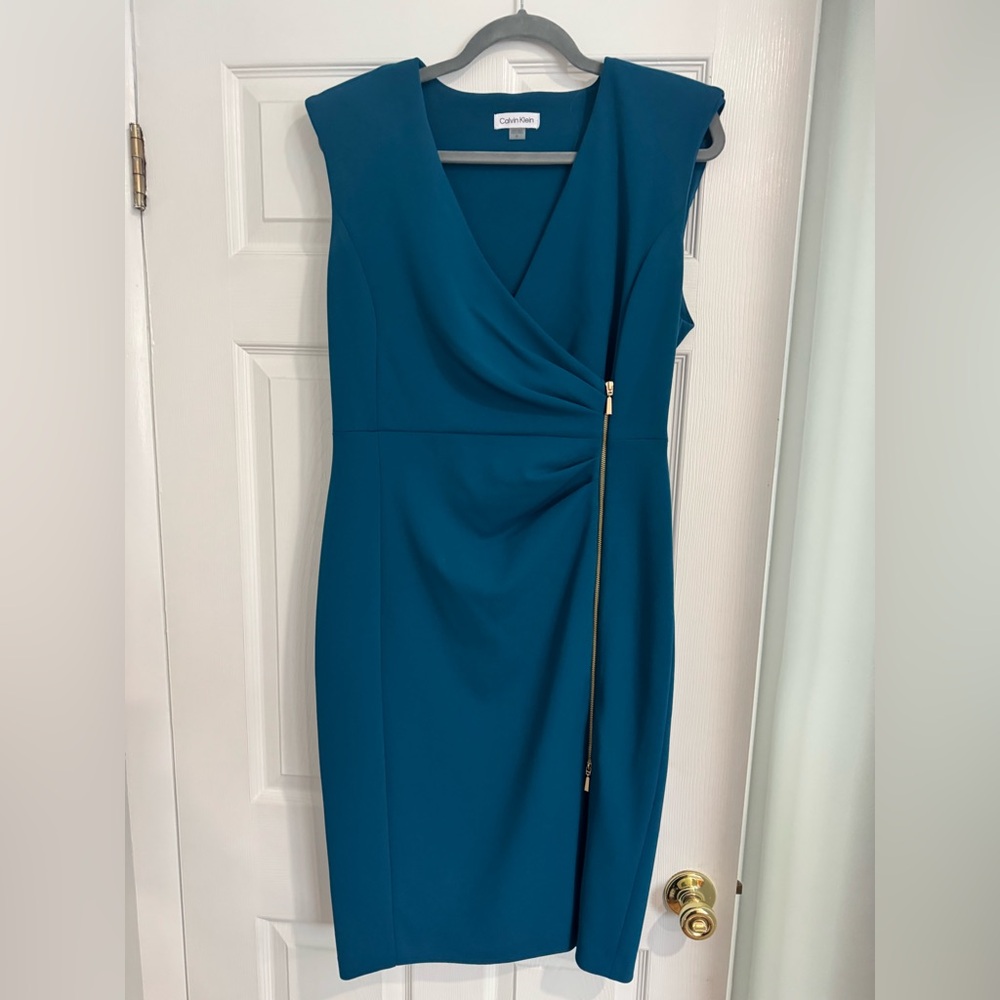 Calvin Klein Teal Wrap Midi Dress with Gold Zipper